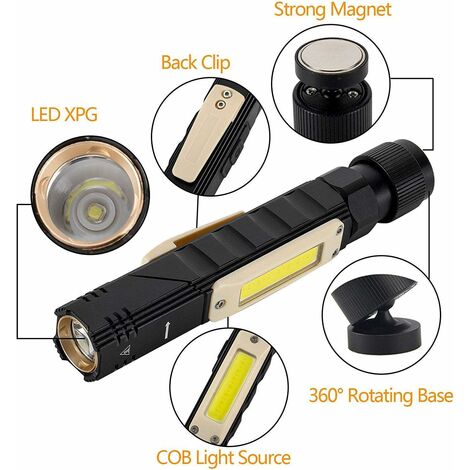 Lampe de poche LED rechargeable 1000Lux, mini lampe de poche (5 modes),  lampe de travail pliable à 90 ° pour hommes (avec base magnétique), étanche  IP65, haute luminosité, adaptée au camping, à l'exté