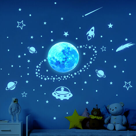 Bleu lumière planète météore sticker mural chambre salon chambre d'enfants  décoration autocollant mural lumineux auto