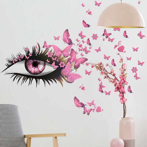 Yeux roses cils papillons créatifs décoratifs Stickers muraux salon chambre  fond mur Simple amovible Stickers muraux