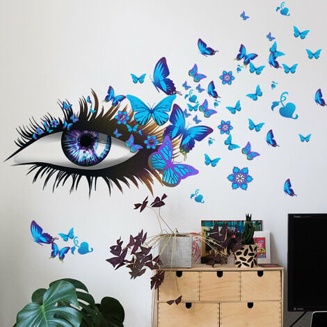 Yeux bleus cils papillons créatifs décoratifs Stickers muraux salon chambre  fond mur Simple amovible Stickers muraux