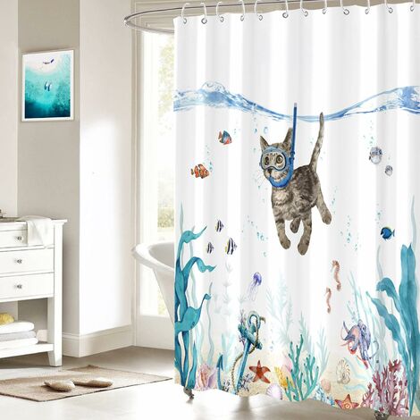 Rideau de Douche 200x200 Chat, 3D Océan Rideau Douche Anti Moisissure 100%  Polyester Rideaux de Douche Tissu pour Baignoire Salle de Bain, avec 12