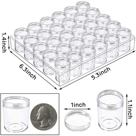 Rangement pour perles, 25 pots ronds dans boîte transparente 