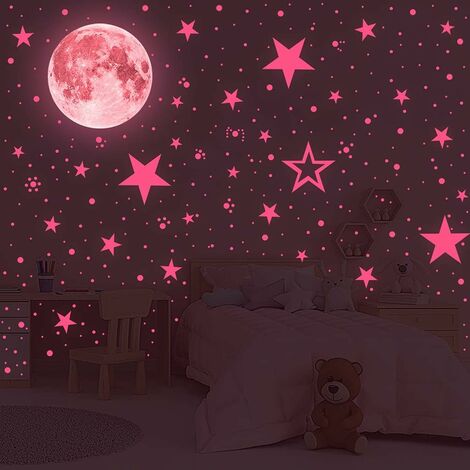 Stickers Chambre Fille - Ours sur la Lune et Petits Lapins Ballons Roses