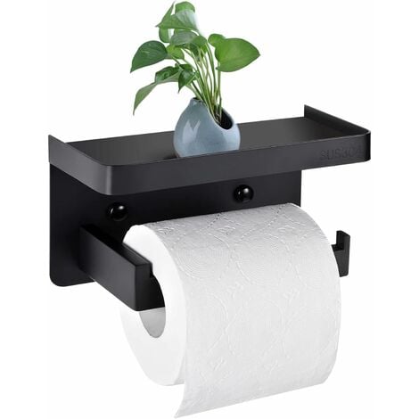Dérouleur papier toilette sur pied + brosse WC métal noir et bois