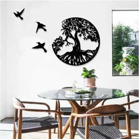 Art mural arbre de vie en métal noir-3 sculptures murales d'oiseaux  volants-décoration murale