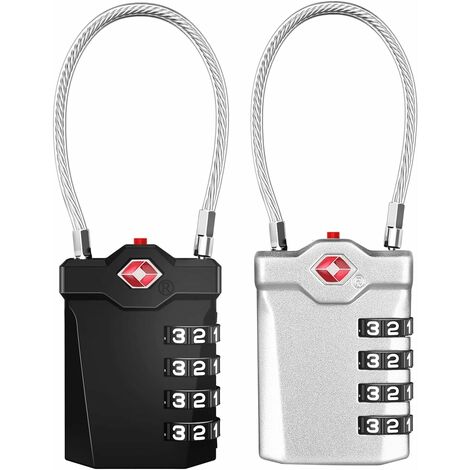 Cadenas à bagages, cadenas à combinaison à 4 chiffres avec alarme ouverte,  cadenas à combinaison avec câble de gymnastique (2 Pièces, Noir et Argent)