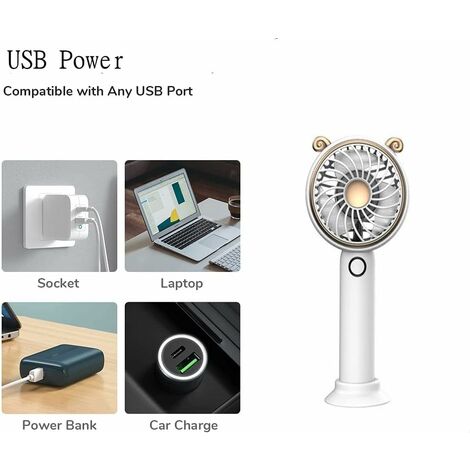 Mini ventilateur portable USB avec veilleuse 3 vitesses pour l'extérieur,  les voyages (blanc)