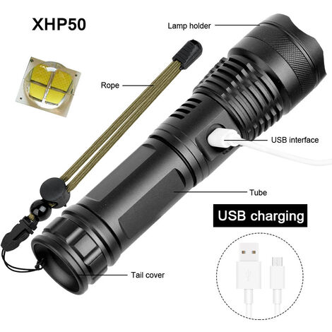 P70 LAMPE DE POCHE LED Torche télescopique Zoom USB Rechargeable