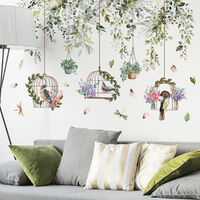 Stickers muraux chambre à coucher salon Vert planté de fleurs et d'herbes  oiseau langue chambre à coucher décoration murale