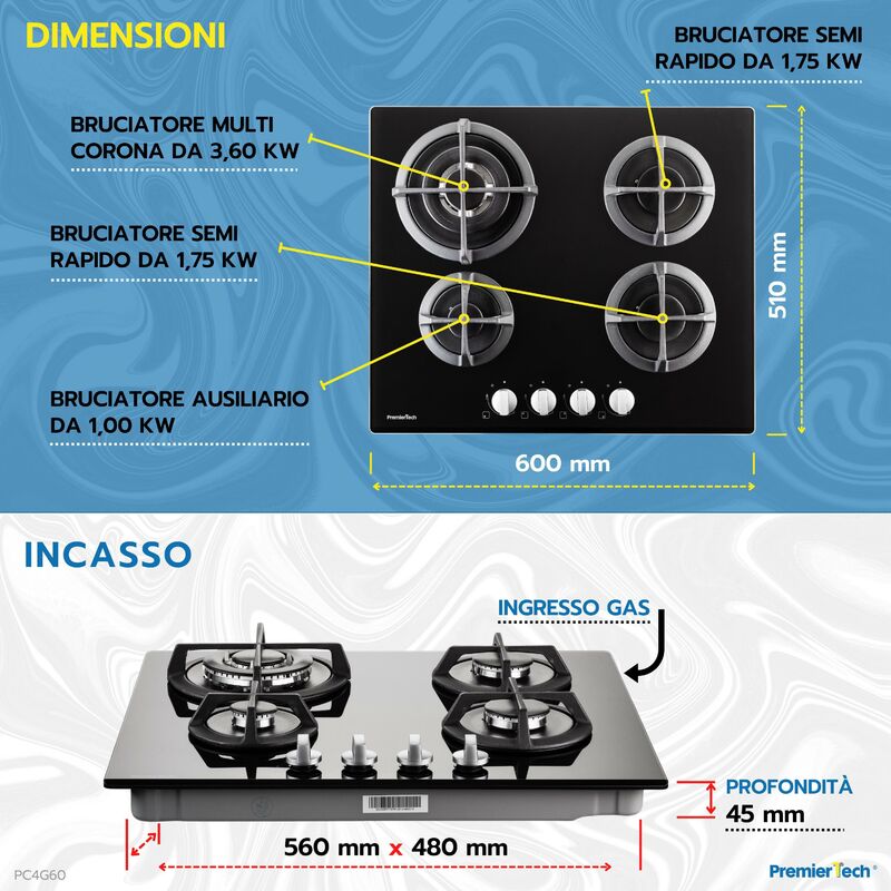 PremierTech Piano Cottura a Gas in Vetro Nero da 60cm 4 fuochi con