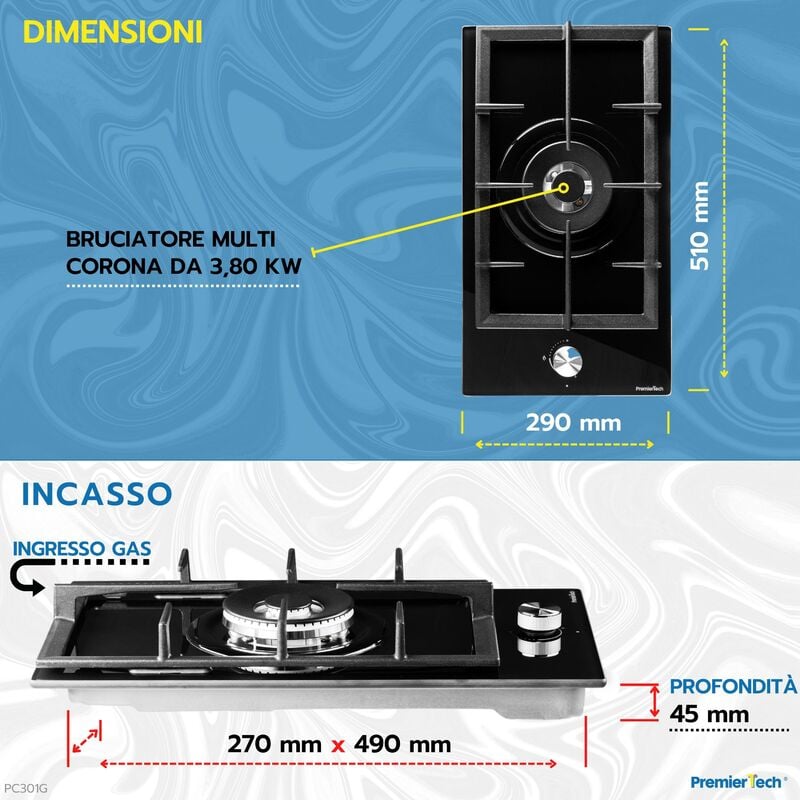 PremierTech PC301G Piano Cottura a Gas 1 fuoco 30cm Vetro Nero 1 bruciatore  Griglie in Ghisa