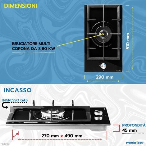 Piano Cottura a Gas 2 fuochi bruciatori 30cm Inox PremierTech PC302