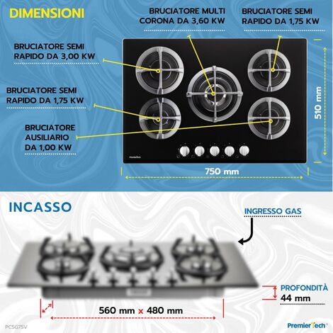 PremierTech PC5G75V Piano cottura a gas 5 fuochi 75cm Vetro Nero