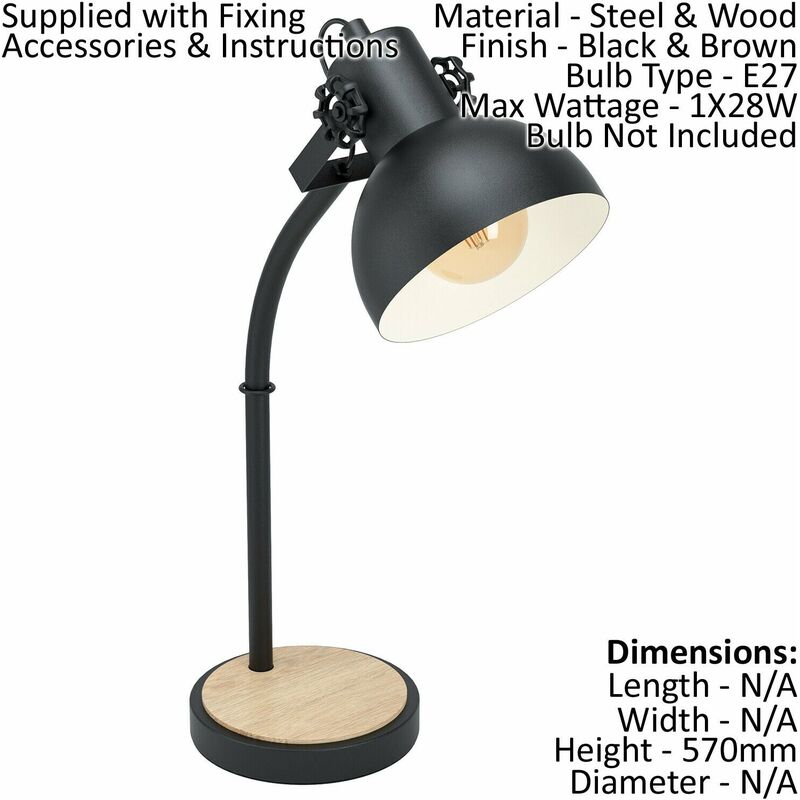 2 PACK Curved Table Lamp Desk Light Black Steel Shade & Wood Base 1x 28W E27