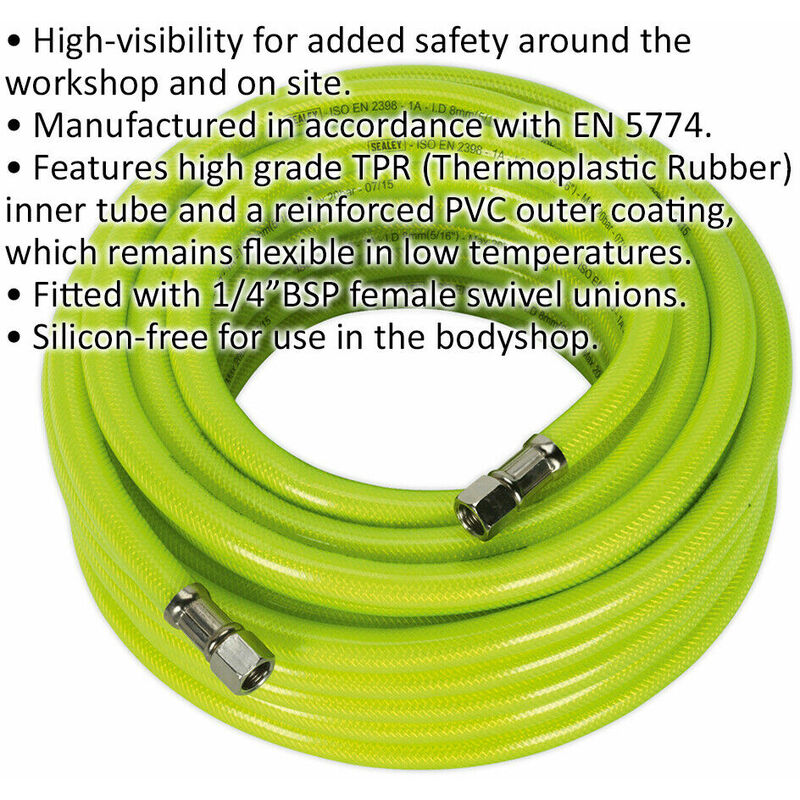 High-Visibility Hybrid Air Hose with 1/4 Inch BSP Unions - 15 Metres - 8mm  Bore