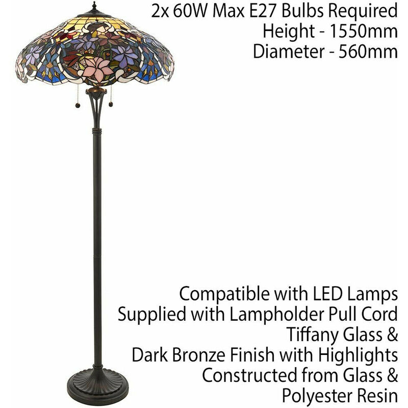 1.5m Tiffany Twin Floor Lamp Dark Bronze & Floral Stained Glass