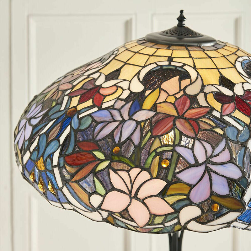 1.5m Tiffany Twin Floor Lamp Dark Bronze & Floral Stained Glass