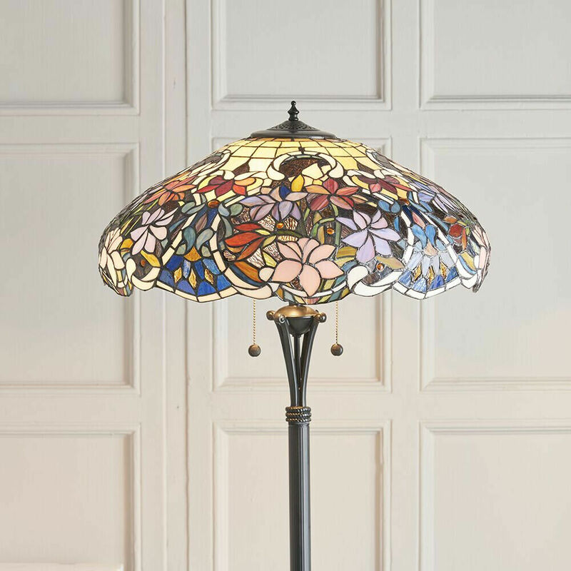 1.5m Tiffany Twin Floor Lamp Dark Bronze & Floral Stained Glass