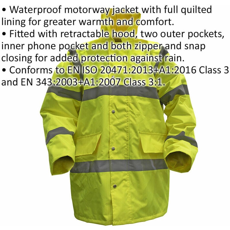 LARGE Yellow Hi-Vis Motorway Jacket with Quilted Lining Retractable Hood