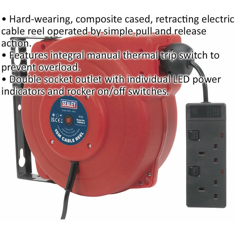15 Metre Retractable Cable Reel System - 2 x 230V Plug Socket - Composite  Cased