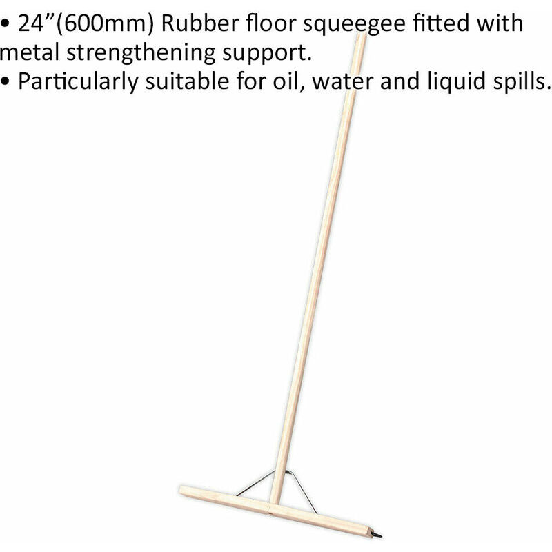 600mm Rubber Blade Floor Squeegee - Wooden Handle - Metal Support Beam