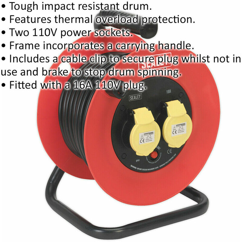 50m Heavy Duty Cable Reel with Thermal Trip - 4 230V Plug Socket Extension  Lead