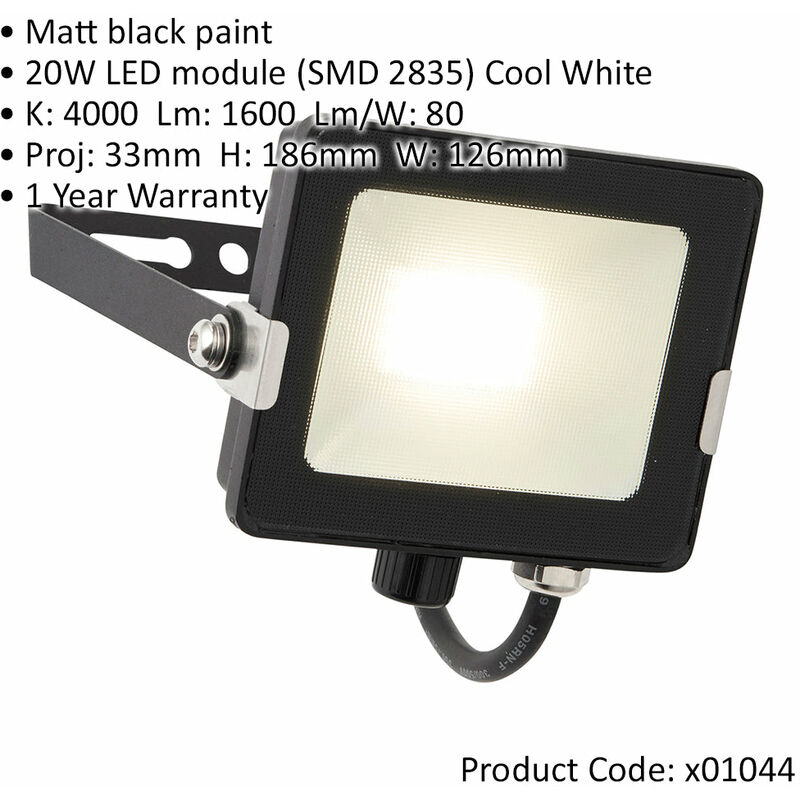 Outdoor IP65 Waterproof Floodlight - 20W Cool White LED - Matt