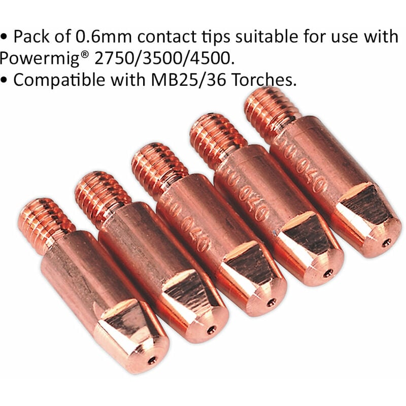 5 PACK 0.6mm Contact Tips - For MB25 & MB36 Torches - MIG Welding Contact
