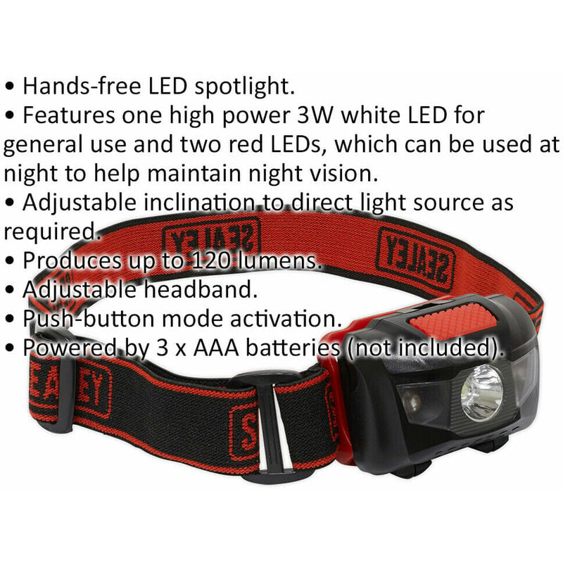 3W LED Head Torch Spotlight Adjustable Headband White LED  x Red LEDs