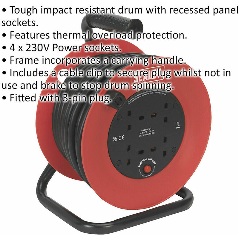 25 Metre Heavy Duty Cable Drum - 4 x 230V Socket Extension Lead - Thermal  Trip