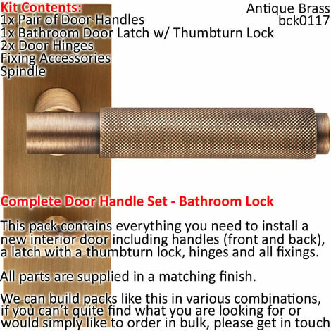 Door Handle & Bathroom Lock Pack Antique Brass Knurled Lever Turn Backplate