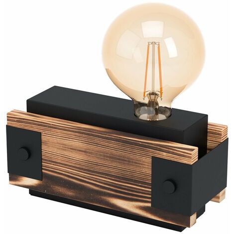 Table Lamp Desk Light Black Steel & Wood Bedside Box 1 x 16W E27 Bulb