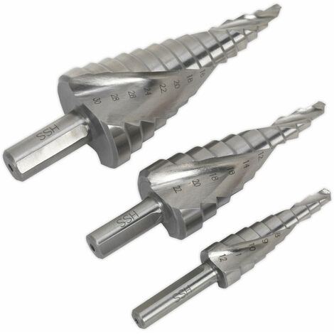 3 Piece HSS 4341 Spiral Flute Step Drill Bit - 3 Sizes - Precision Hole ...