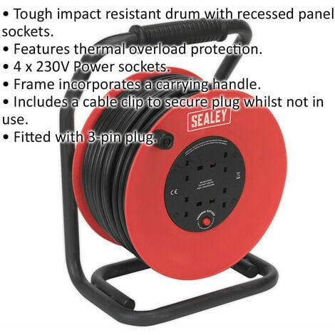 50m Heavy Duty Cable Reel with Thermal Trip - 4 230V Plug Socket Extension  Lead