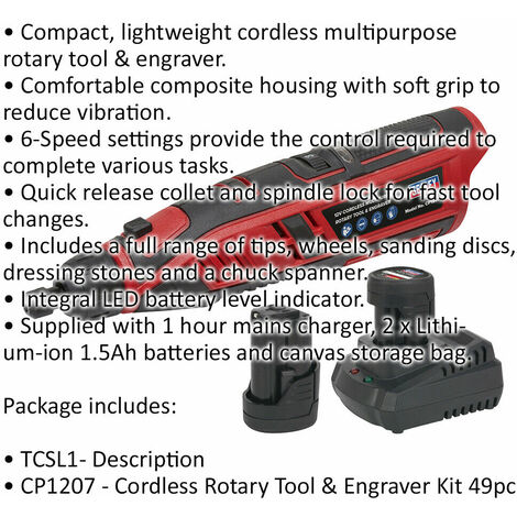 49 Piece Multipurpose Rotary Tool & Engraver Kit - Cordless & Lightweight -  12V