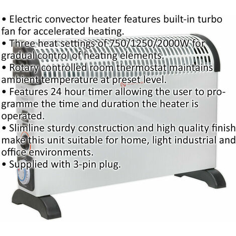 2000W Convector Heater - Thermostat u0026 Turbo Fan - 3 Heat Settings - 24Hr  Timer