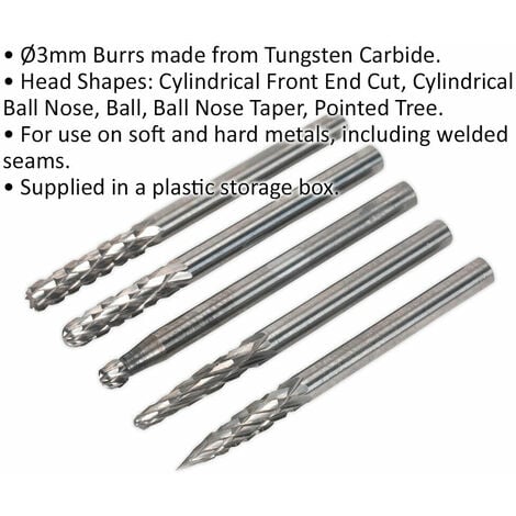 5 Pack - 3mm Micro Carbide Burr Bits Set - Various Heads - Rotary Metal 