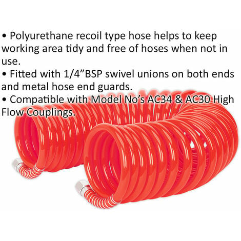 PU Coiled Air Hose with 1/4 Inch BSP Unions - 10 Metre Length