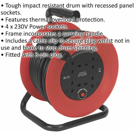 25 Metre Heavy Duty Cable Drum - 4 x 230V Socket Extension Lead
