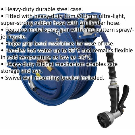 Heavy Duty Retractable Water Hose Reel - 15m x 13mm Rubber Hose - Steel Case