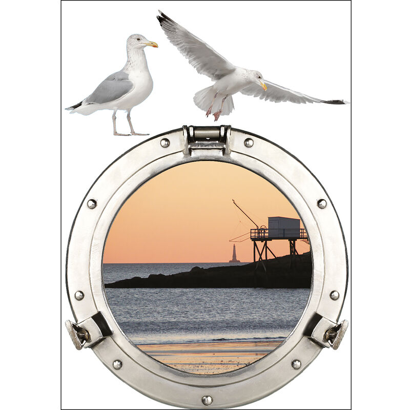 Sticker Fenêtre 3D Hublot de Pêche 68x48cm Décoration Trompe l