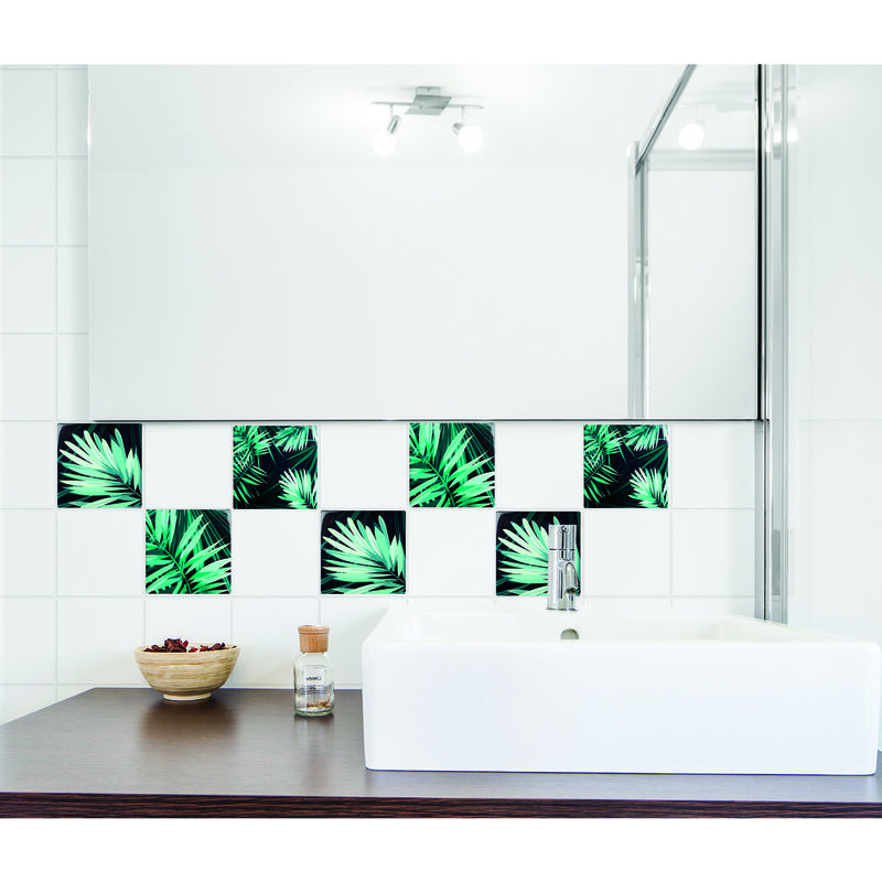 Sticker carrelage adhésif x4, 15 cm X 15 cm, décoratif feuilles végétales  bananier, autocollant carreaux jungle tons verts