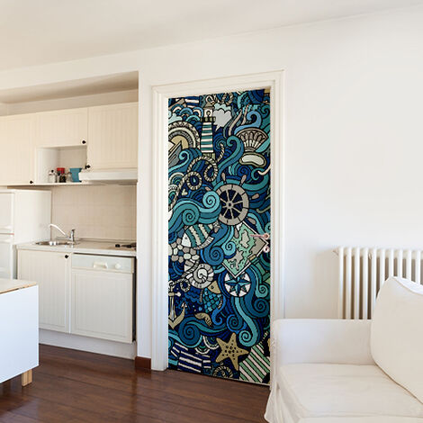 Sticker adhésif pour porte Mer Agitée WSH, 204 cm X 83 cm - Décoration Murale Autocollant pour Porte Intérieure et Extérieure, Design Océanique.