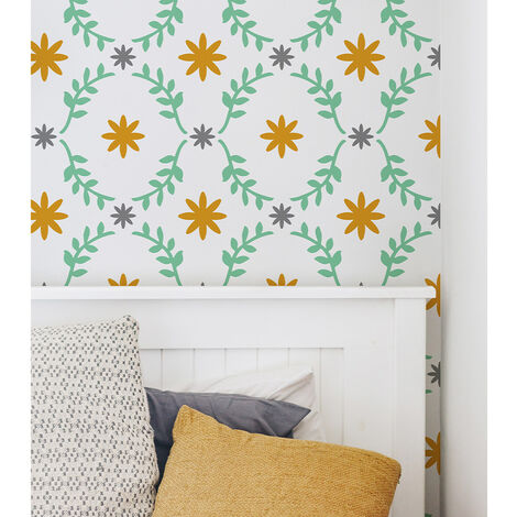 Pochoir, motif petites fleurs, feuilles pour murs, 50 cm X 50 cm (1/5)