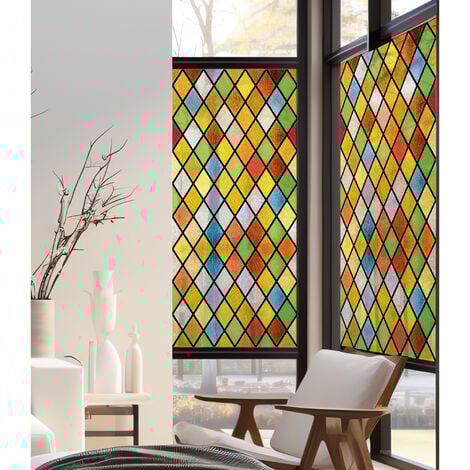 Stickers décoratifs électrostatique, vitrail arlequin effet verre vitrail 3D, très coloré et raccordable, 150 cm X 67,5 cm