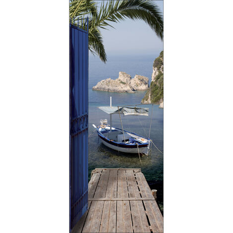 Sticker porte, trompe l'oeil porte en fer bleu, vue sur mer avec ponton, pêche , 204 cm X 73 cm