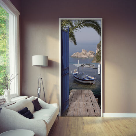 Sticker porte, trompe l'oeil porte en fer bleu, vue sur mer avec ponton, pêche , 204 cm X 73 cm