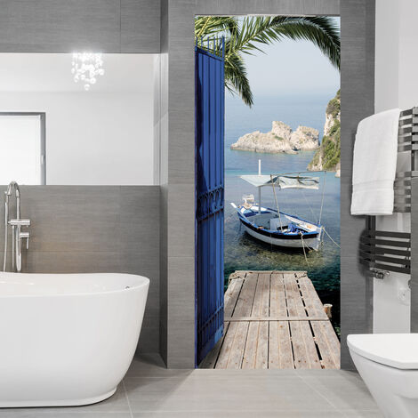 Sticker porte, trompe l'oeil porte en fer bleu, vue sur mer avec ponton, pêche , 204 cm X 73 cm