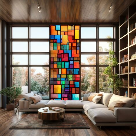 Sticker mural électrostatique effet vitrail 150 cm x 67,5 cm – Multicouleur – Motif damier pour vitres et fenêtres – Plage