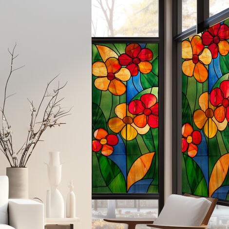 Stickers décoratifs électrostatique, fleurs mix, effet vitrail, 150 cm X 67,5 cm